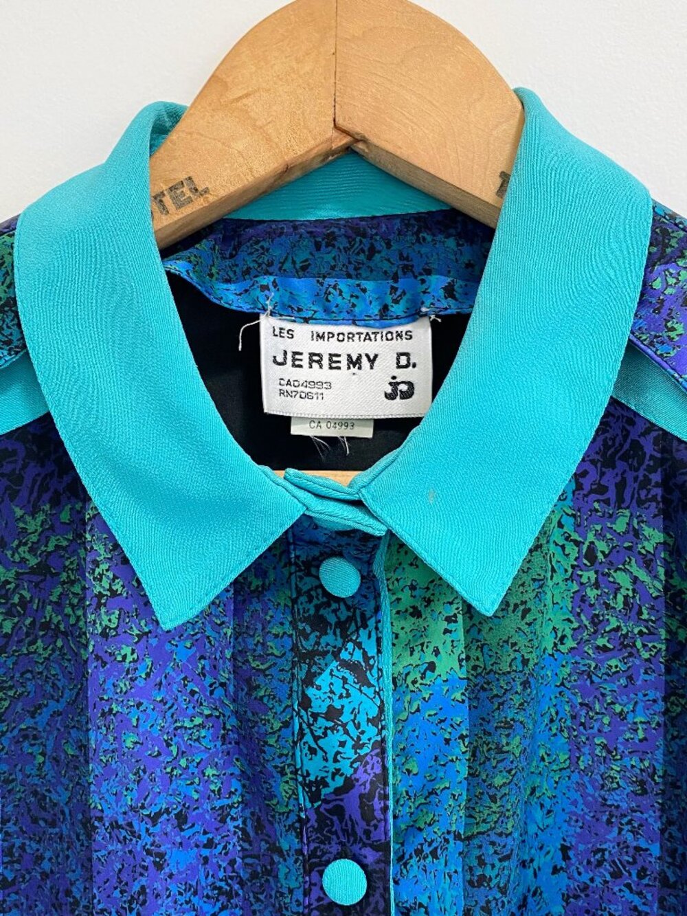 Vintage Satin Blue + Turquoise Button Up House Dress / 80s / Made in Canada - Picture 7 of 15